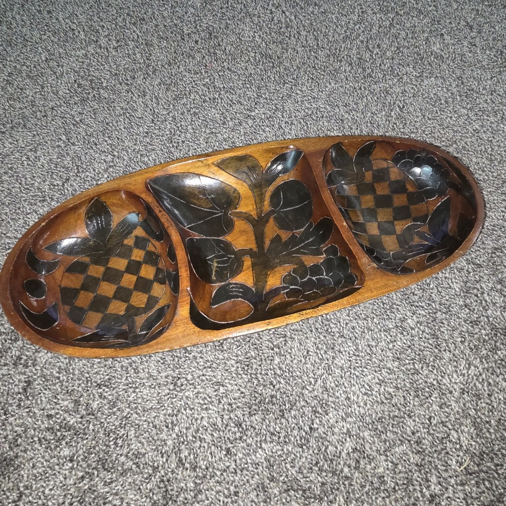 Hand Carved Wooden Oval Serving Tray Dish Floral Divided 3-Compartment